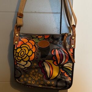 Fossil Women's Crossbody Bag with Bold Floral Design - Black and Orange